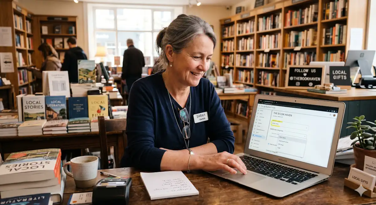 A local business owner reviewing their Google Business Profile categories on a laptop