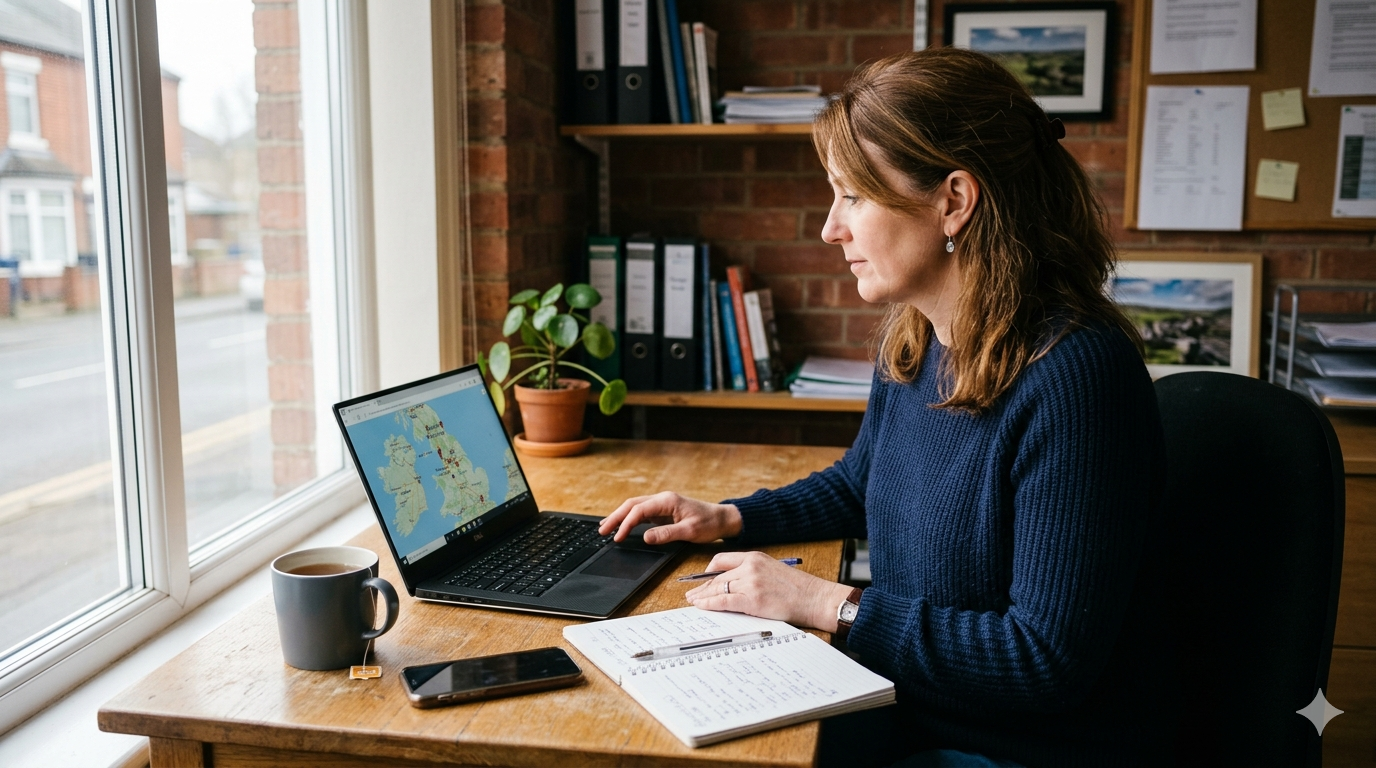 A local business owner reviewing Google Maps visibility on a laptop in a small UK office