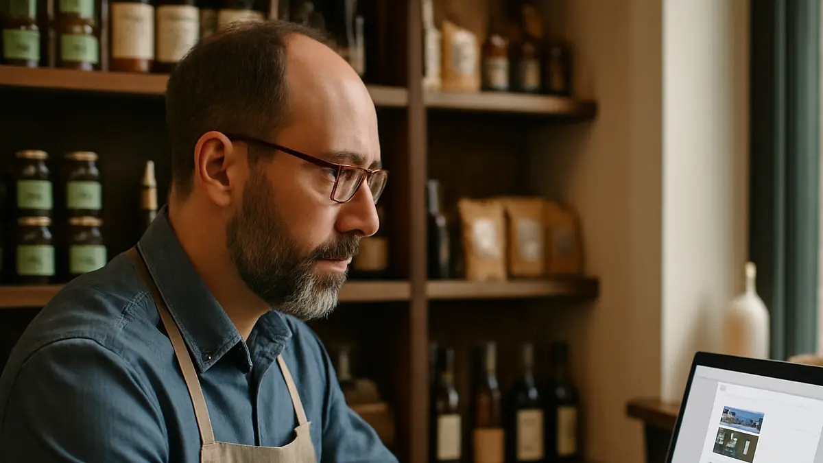 UK shop owner updating their Google Business Profile description on a laptop