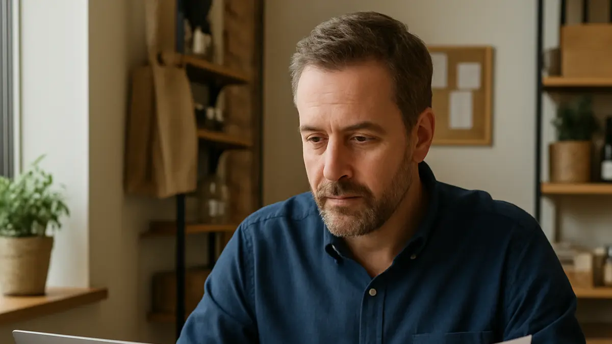 Small business owner reviewing a press release draft at a desk