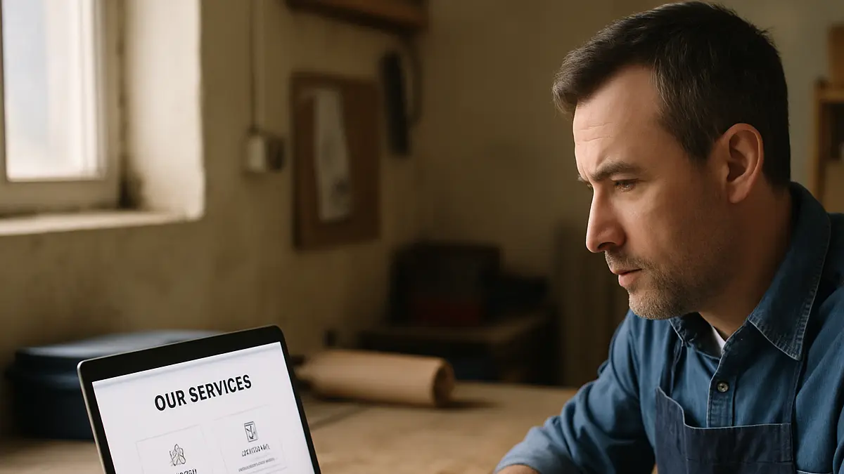 UK tradesperson checking their business website on a laptop in a small workshop